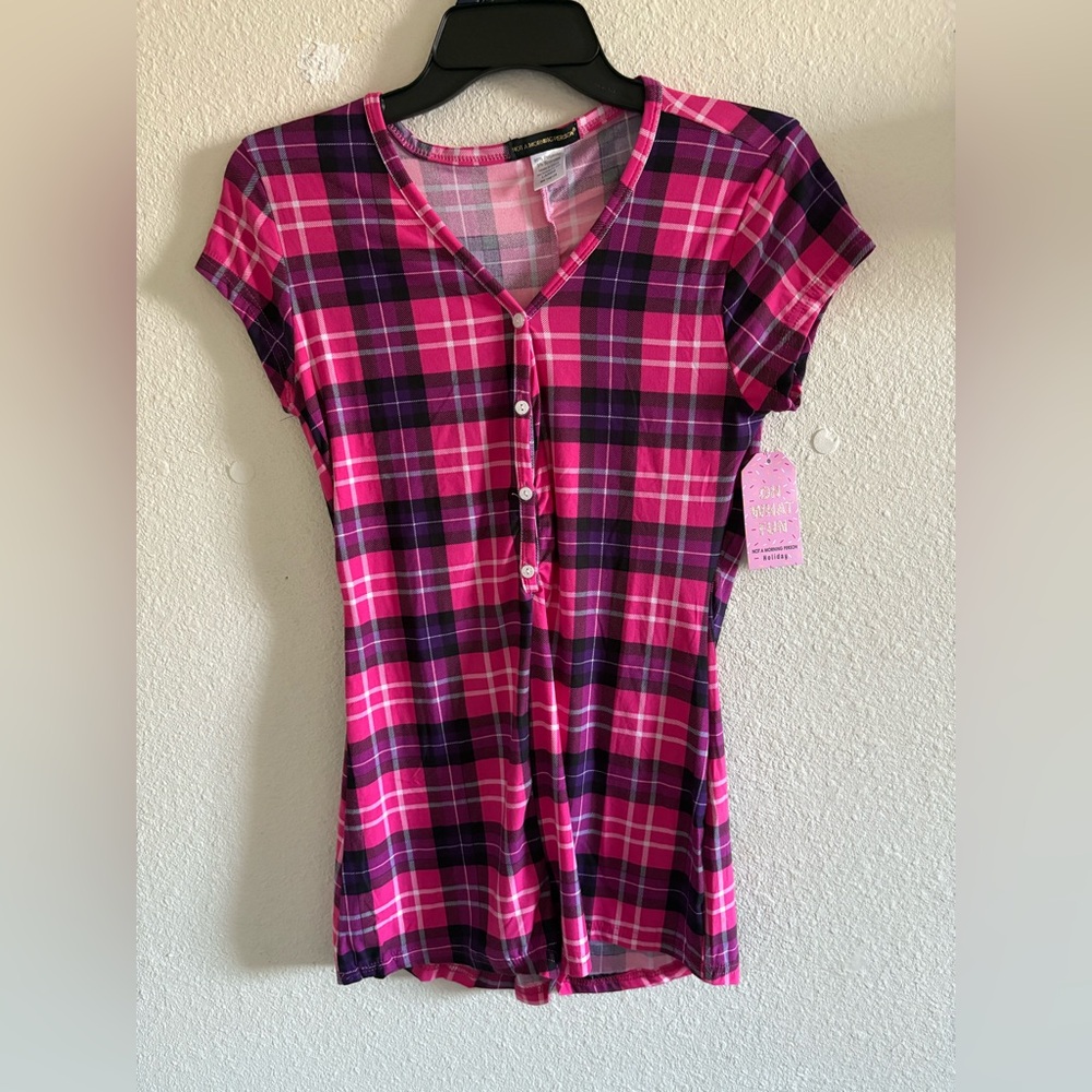 Pink & Purple Plaid Button-Front Bodysuit | Soft Lounge One-Piece | NWT